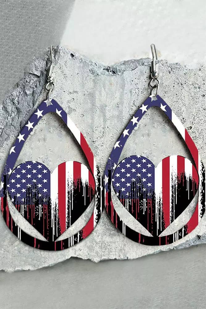 American Flag Print Heart Wood Earrings