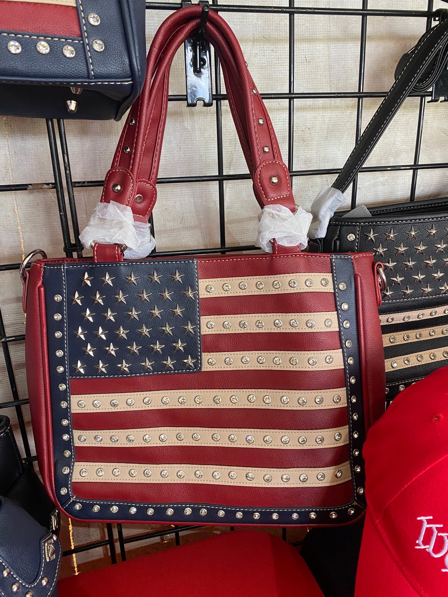 Freedom in Red – Medium American Flag Rhinestone Tote