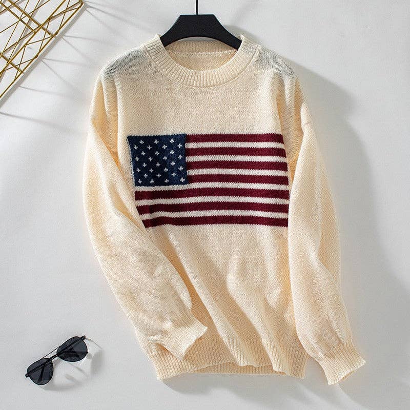 United States Flag Print Round Neck Sweater