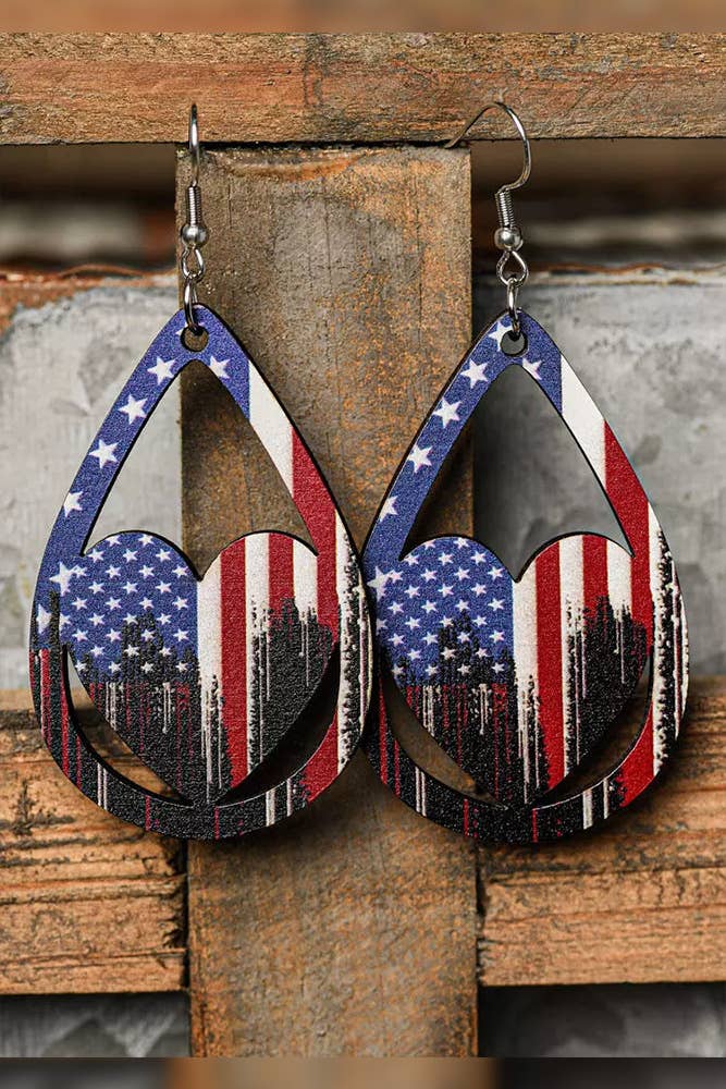 American Flag Print Heart Wood Earrings