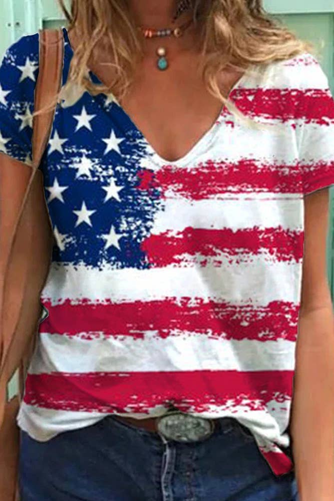 4th of July Independence Day USA Flag V Neck Top