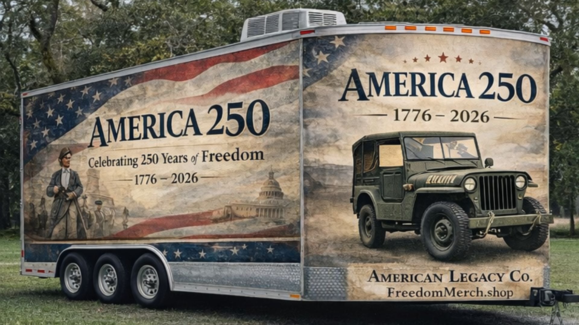 America 250 patriotic trailer wrap showing a classic military jeep and American flag artwork celebrating 250 years of American freedom