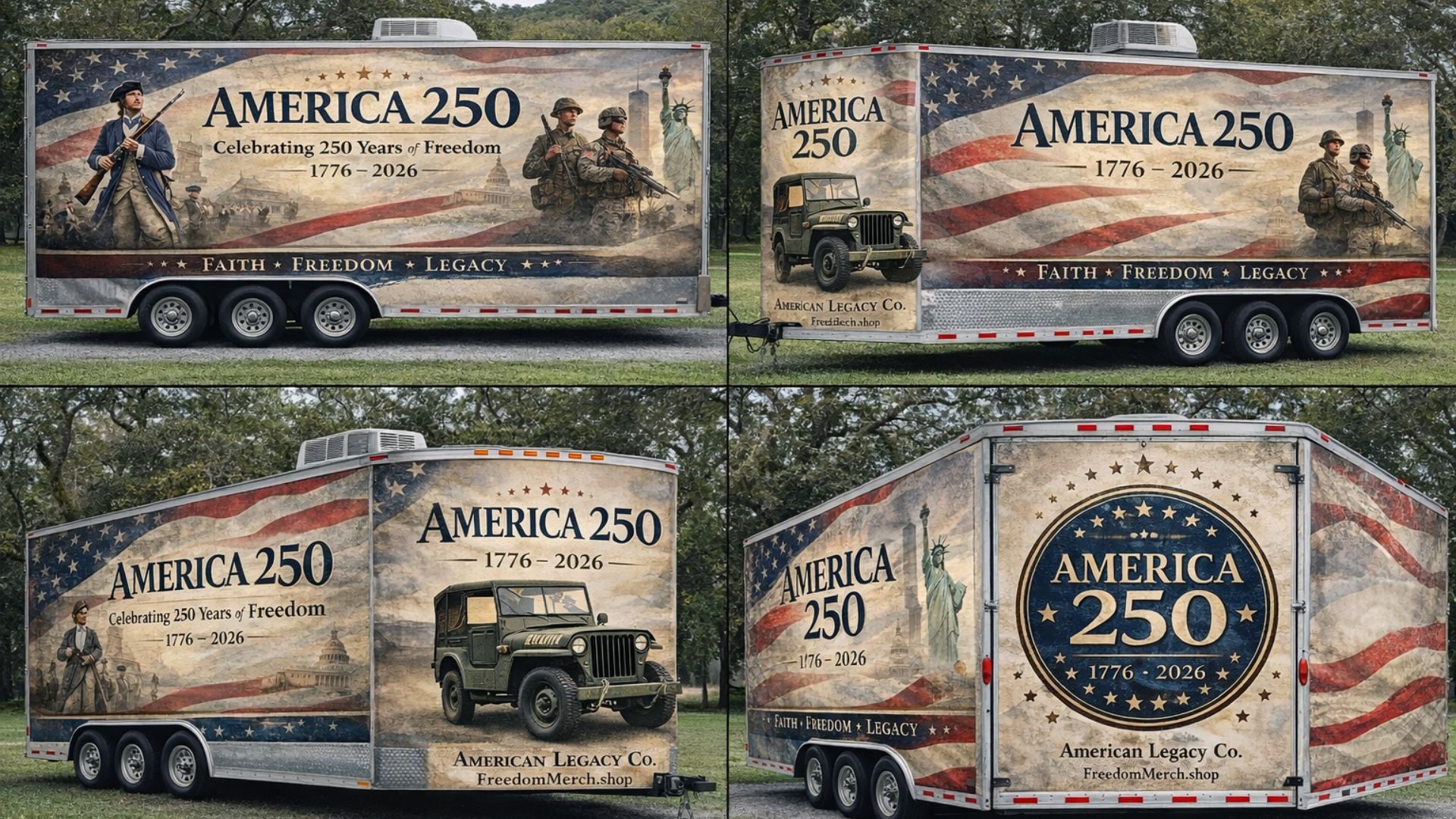 Full view of America 250 trailer wrap with historic Americana artwork, American flag imagery, and faith, freedom, and legacy theme