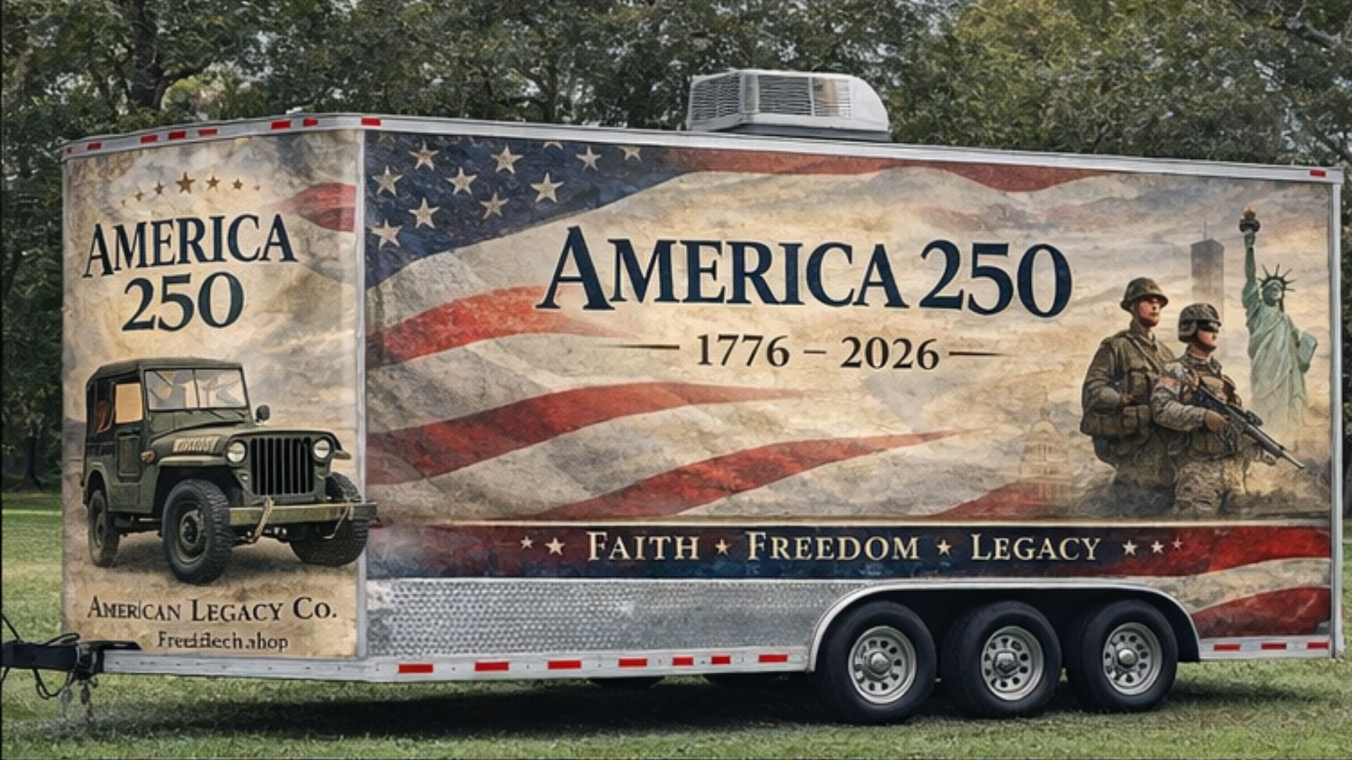 Left side of America 250 trailer wrap featuring historical American figures, patriotic flag design, and tribute to 250 years of freedom