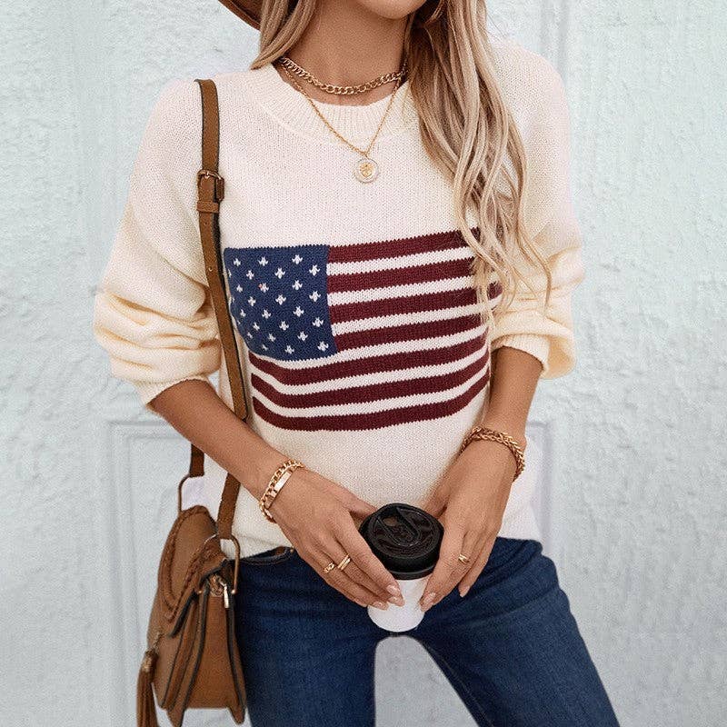 United States Flag Print Round Neck Sweater