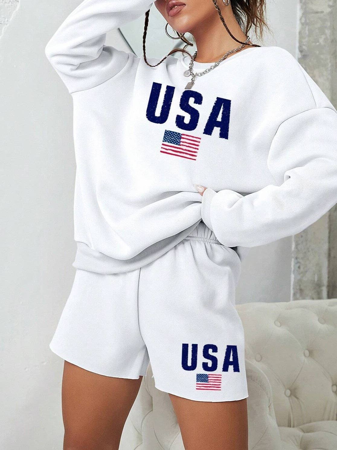 Flag Print crewneck sweatshirt & shorts set