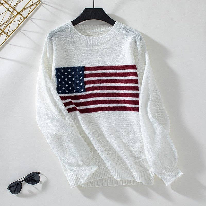 United States Flag Print Round Neck Sweater