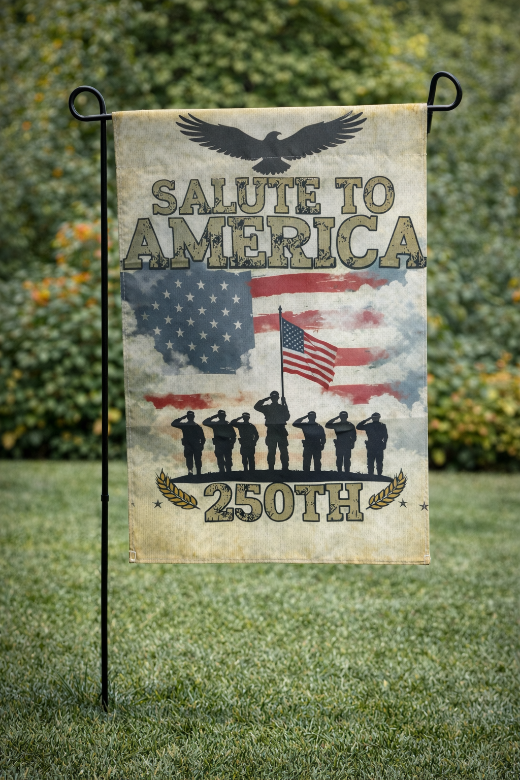 Salute to America 250th Garden Flag – Patriotic Military Tribute Outdoor Banner