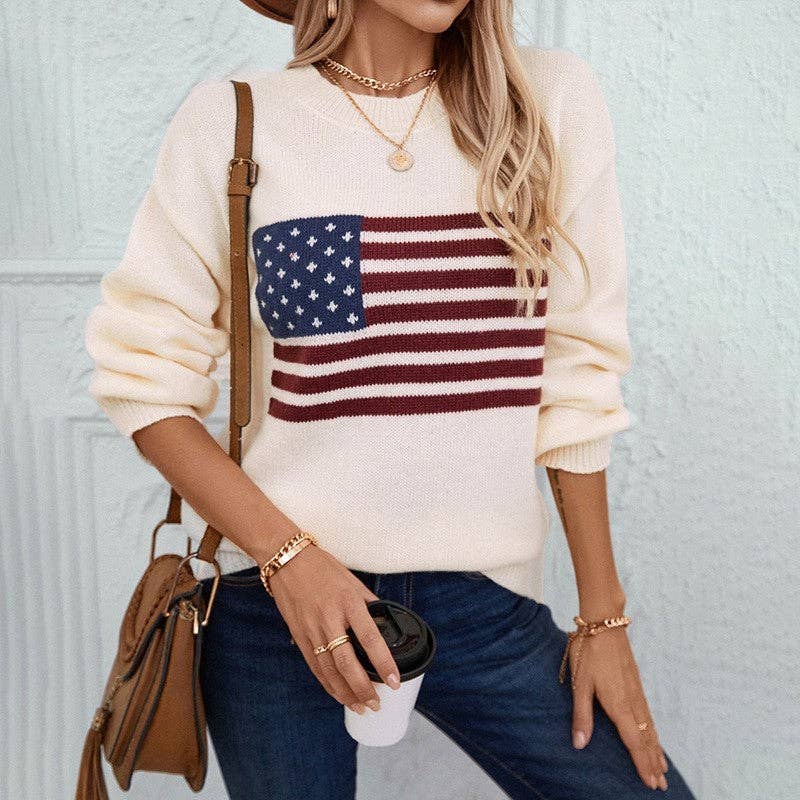 United States Flag Print Round Neck Sweater