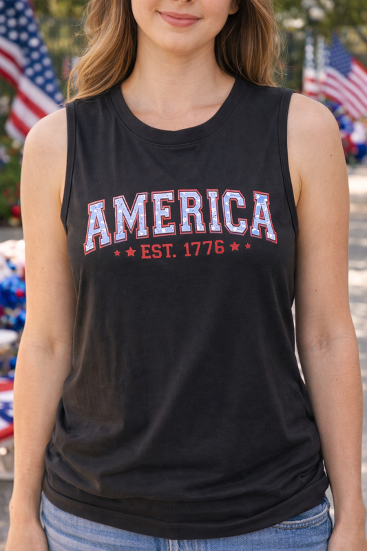 Women’s America Est. 1776 Patriotic Tank Top – Vintage USA Sleeveless Shirt