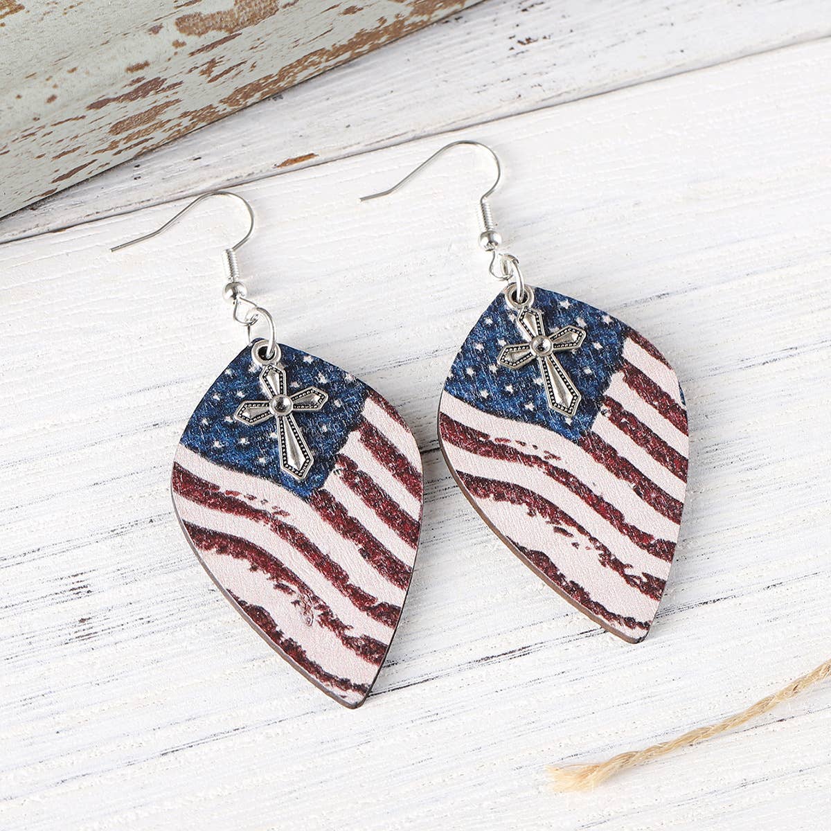 Independence Day American Flag Cross Wooden Earrings