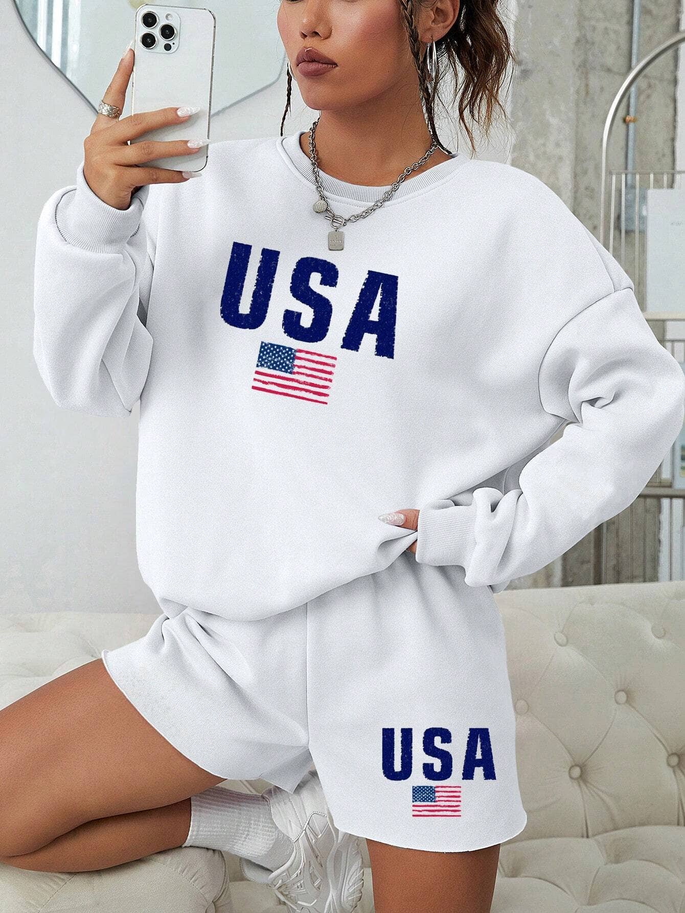 Flag Print crewneck sweatshirt & shorts set