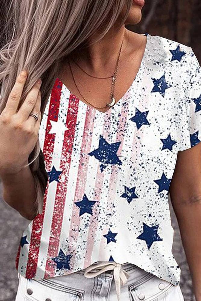 4th of July Independence Day USA Flag V Neck Top