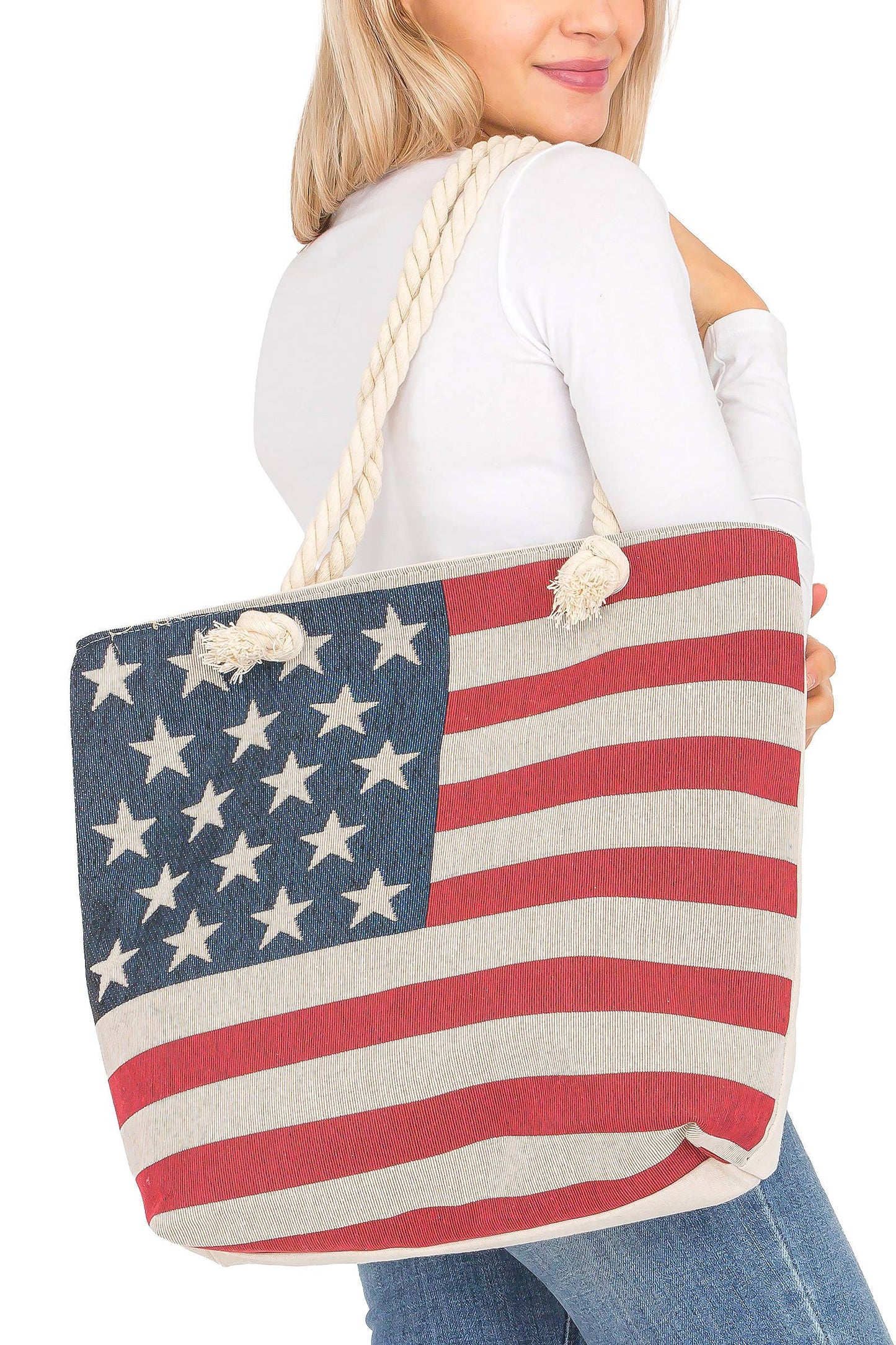 American Flag Zippered Burlap Canvas Tote Bag