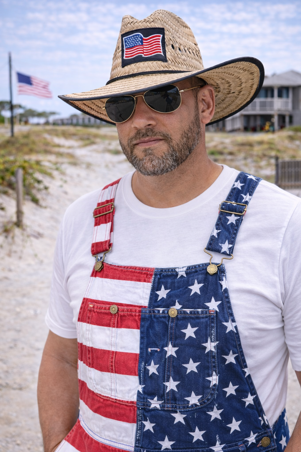 Men’s Patriotic American Flag Overalls – USA Striped Shortalls