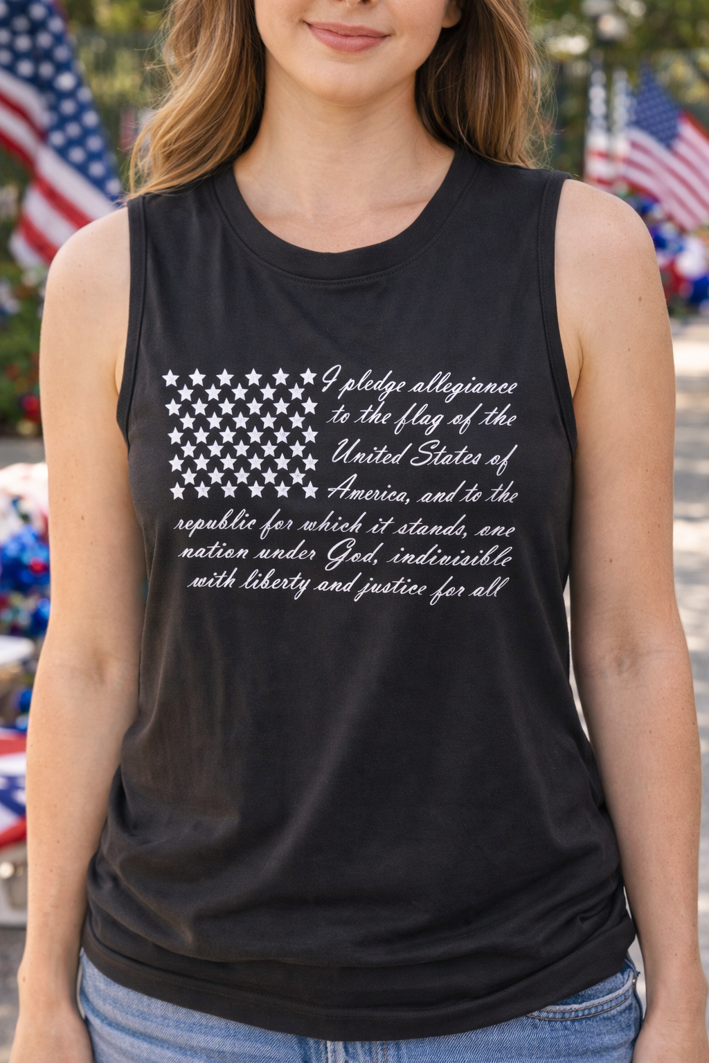 Women’s Pledge of Allegiance Patriotic Tank Top – Script American Flag Shirt