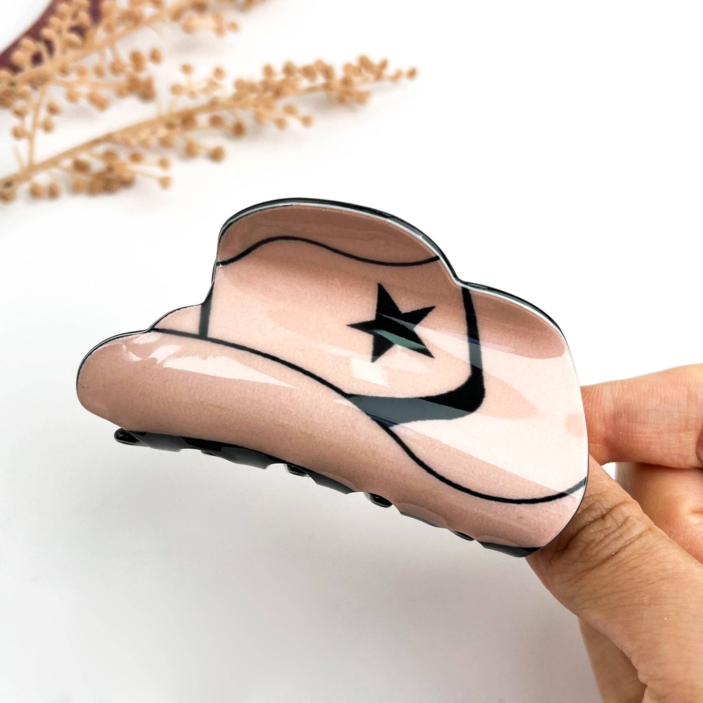 Pink Western Cowboy Hat & Star Print Claw Clip