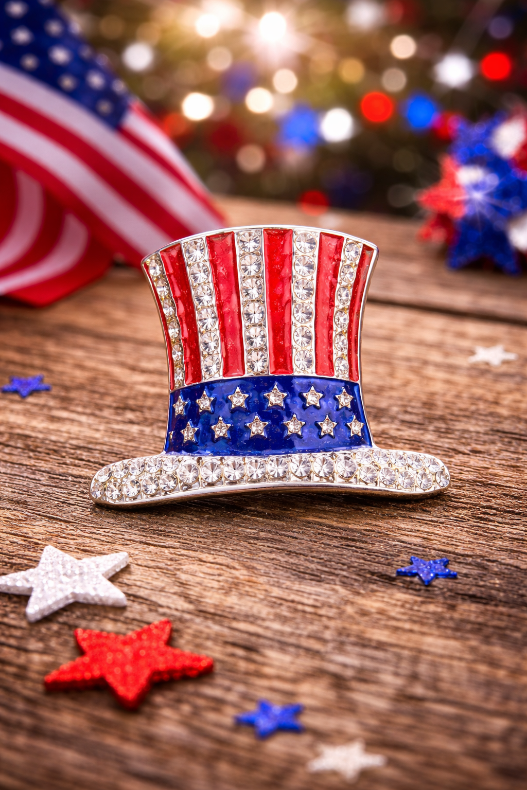 Patriotic Uncle Sam Hat Pin – American Flag Rhinestone Brooch