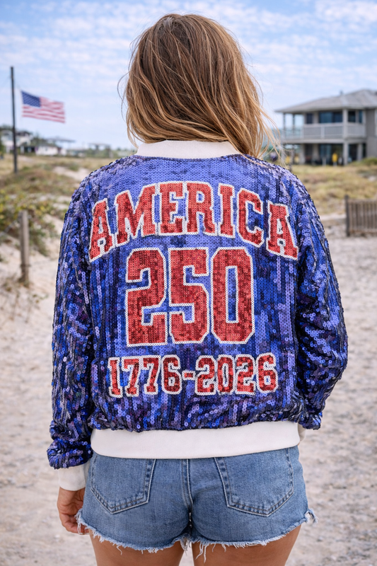 Women’s America 250 Sequin Jacket – Patriotic 1776–2026 Bomber Jacket