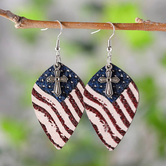 Independence Day American Flag Cross Wooden Earrings
