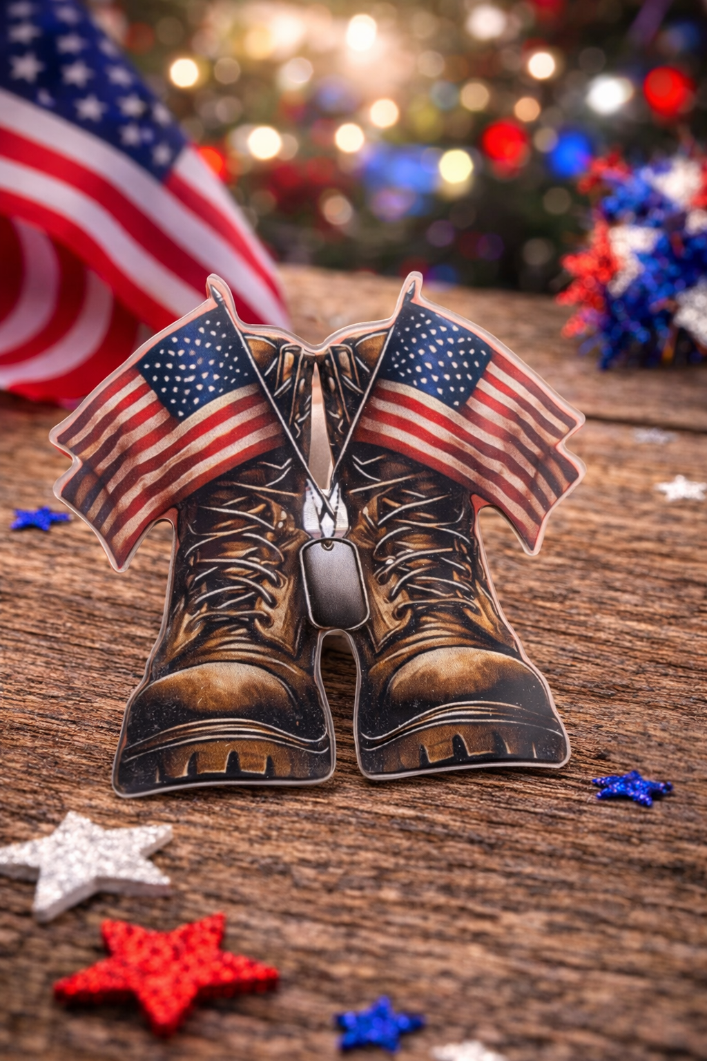 Patriotic Combat Boots & Flags Pin – Military Tribute American Flag Brooch