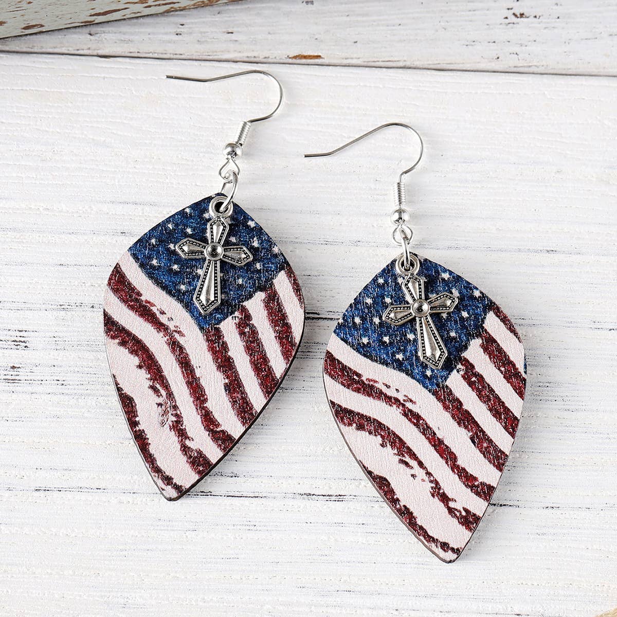 Independence Day American Flag Cross Wooden Earrings
