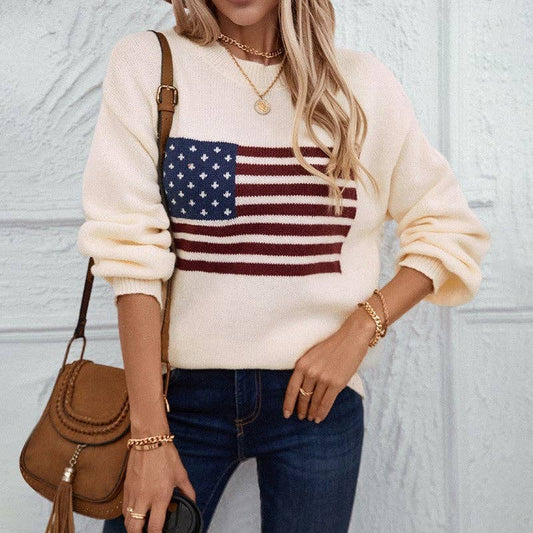 United States Flag Print Round Neck Sweater