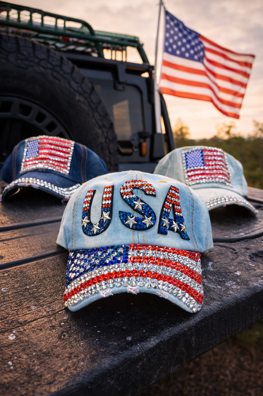 USA Rhinestone Denim Hat – Premium Patriotic Bling Cap (Crystal Studded)