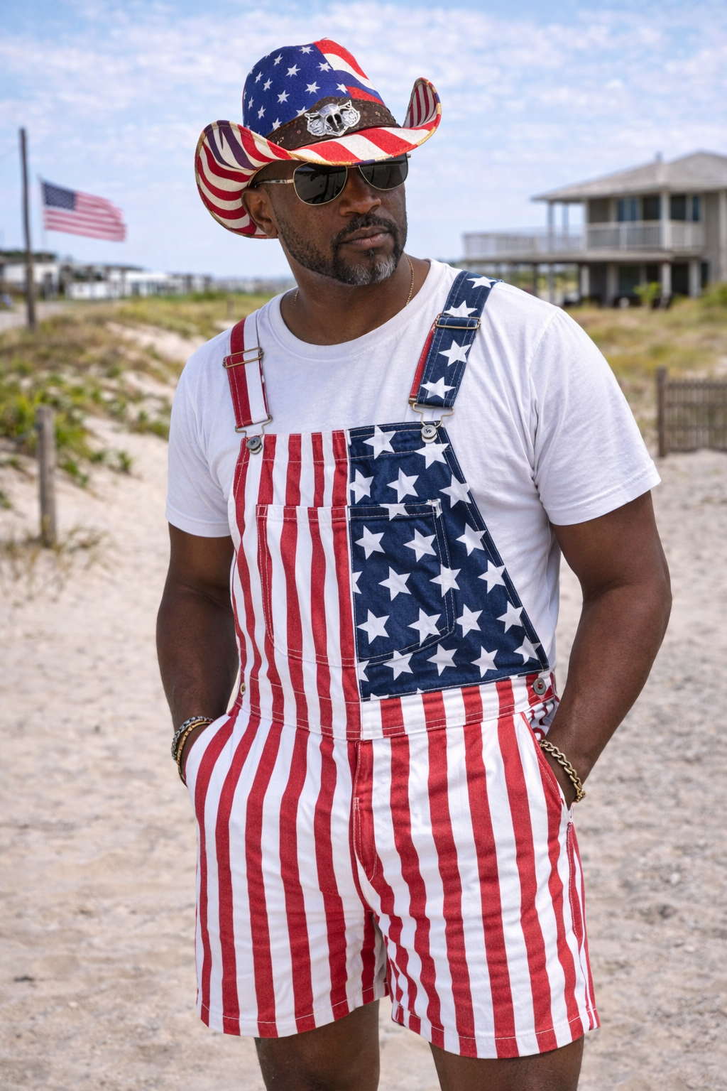 Men’s Patriotic American Flag Overalls – USA Striped Shortalls