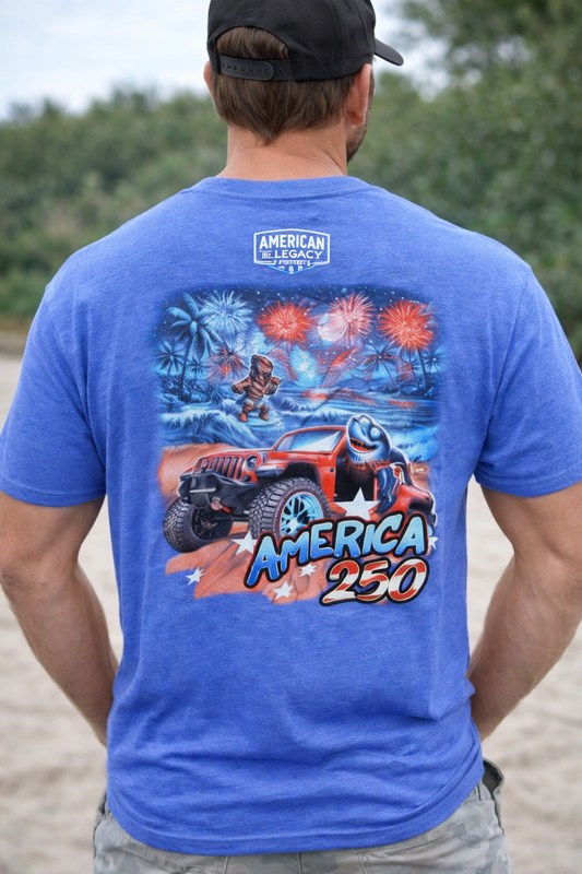 America 250 Beach Jeep Shirt – Patriotic Fireworks Graphic Tee