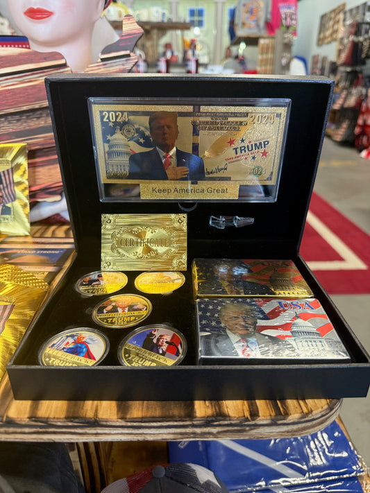 Trump 2024 Collector’s Gift Set – Gold Medallions, Campaign Plaque, & Playing Cards in Display Box