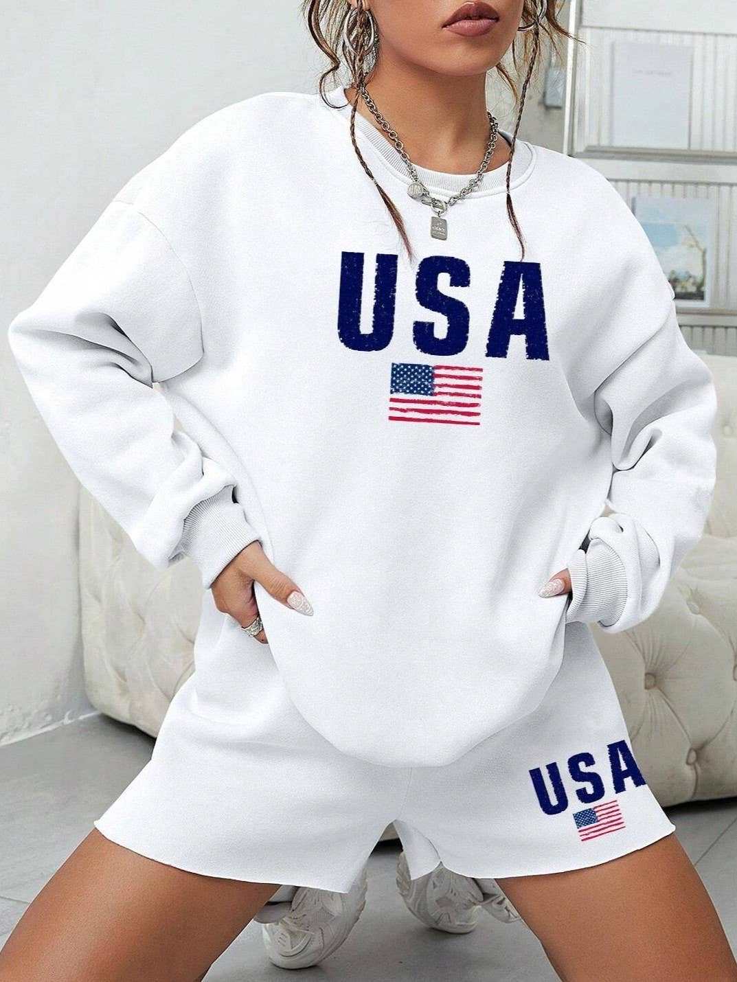 Flag Print crewneck sweatshirt & shorts set