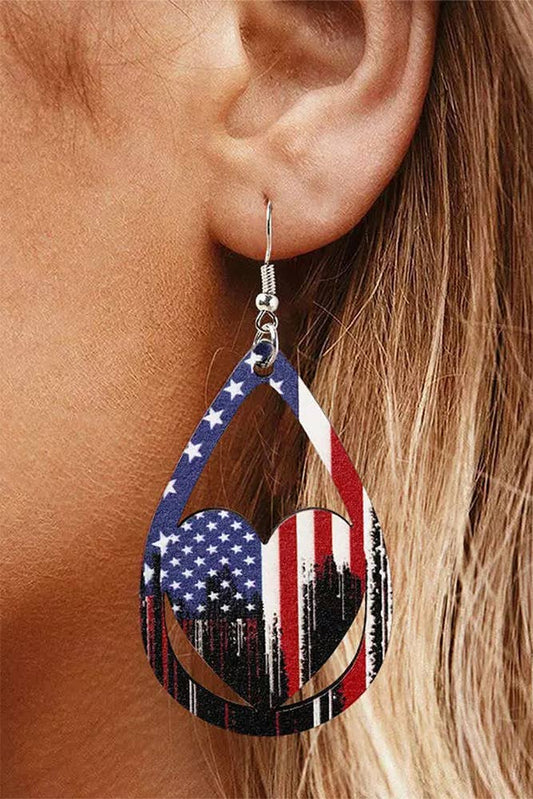American Flag Print Heart Wood Earrings