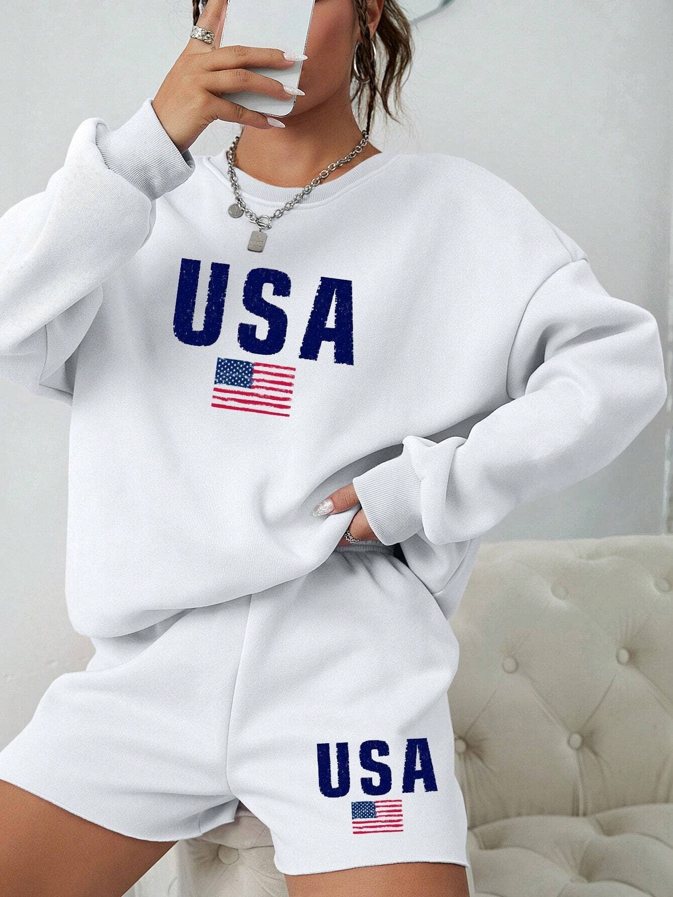 Flag Print crewneck sweatshirt & shorts set