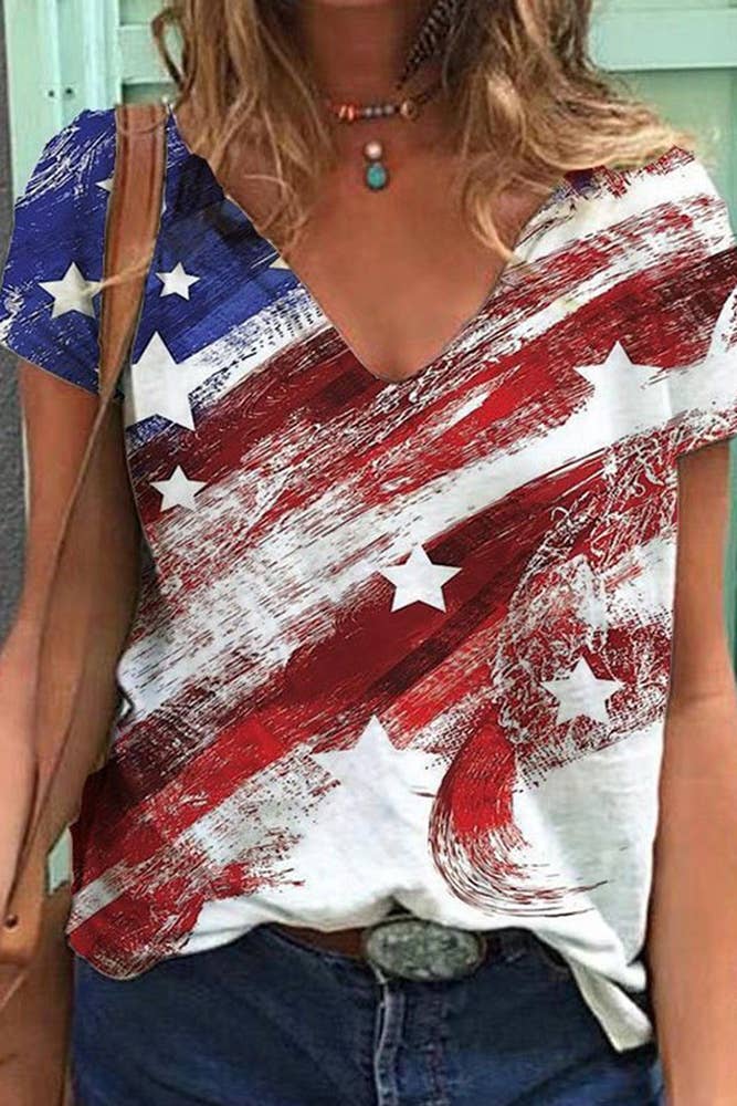 4th of July Independence Day USA Flag V Neck Top