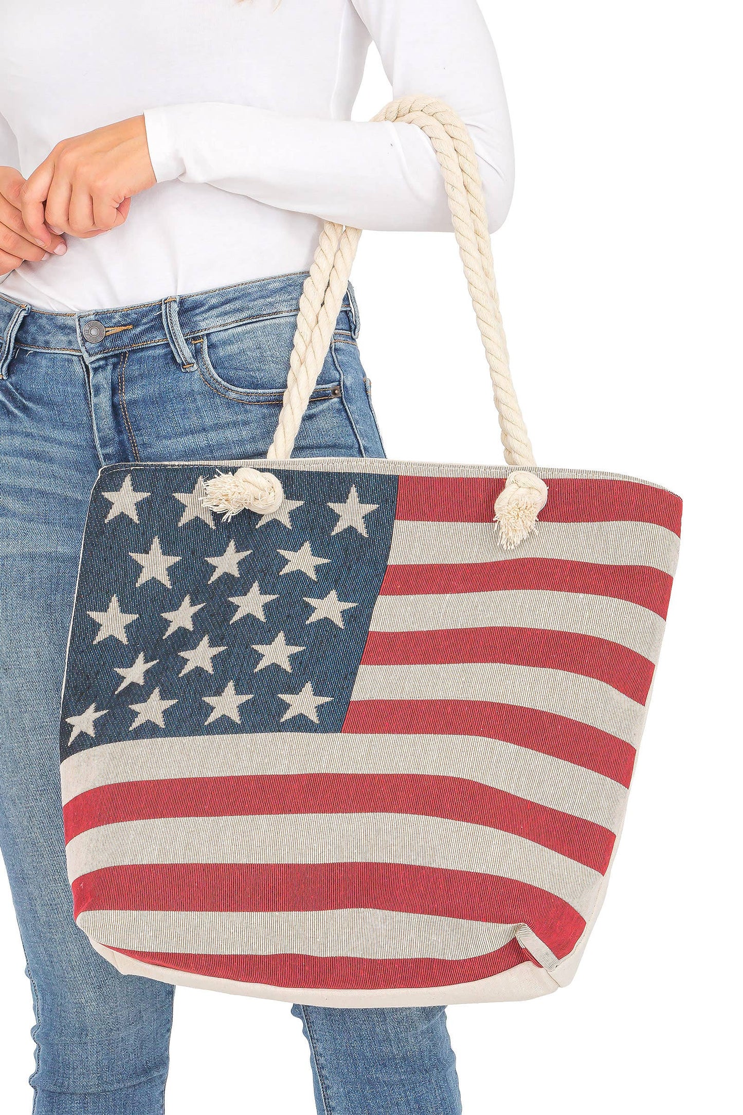 American Flag Zippered Burlap Canvas Tote Bag