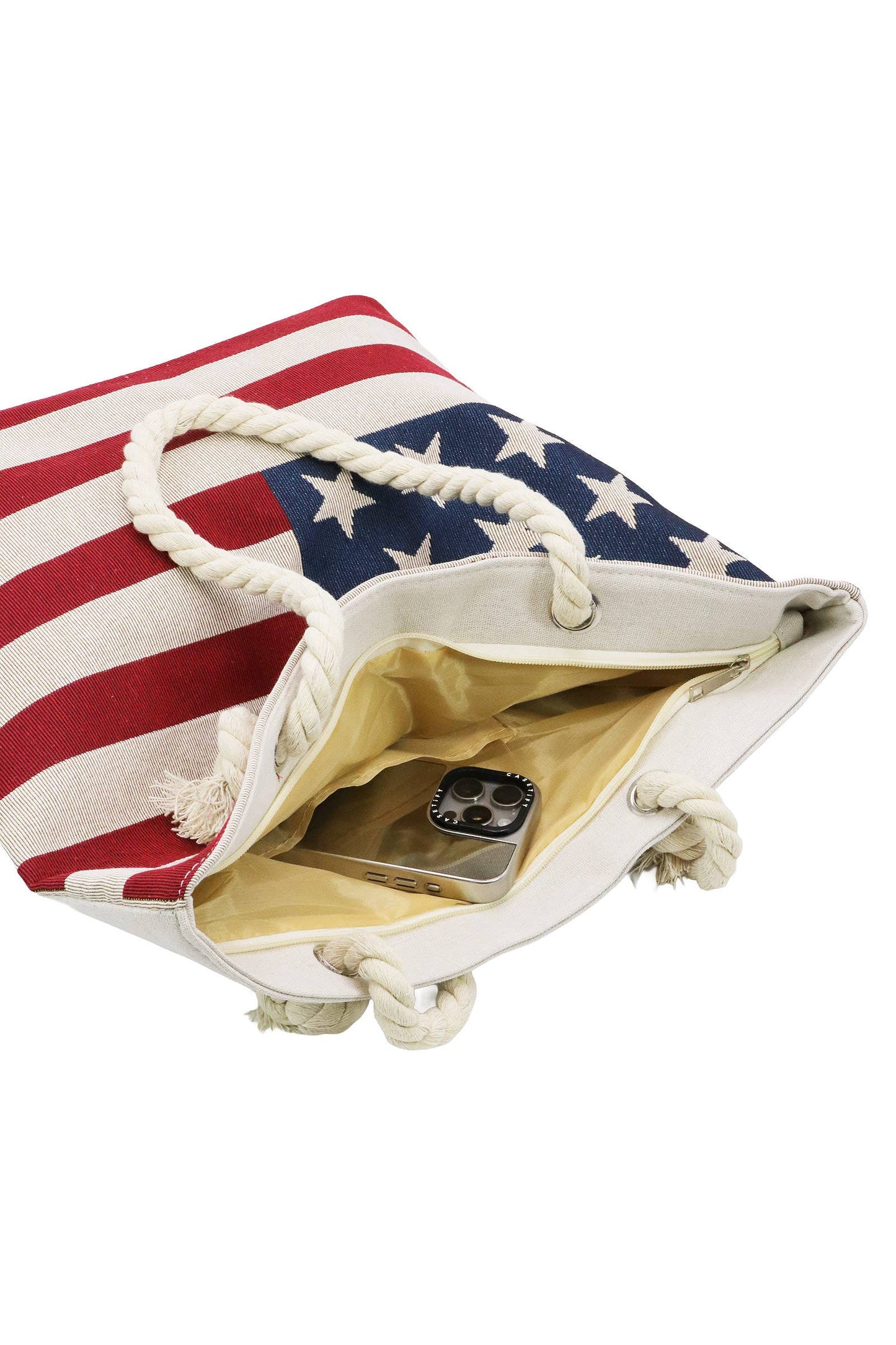 American Flag Zippered Burlap Canvas Tote Bag