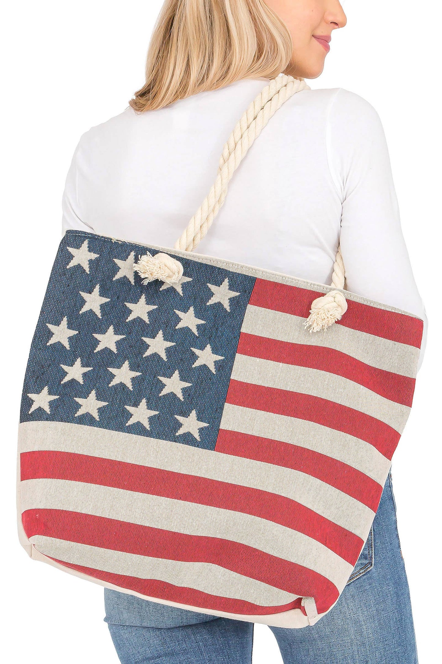 American Flag Zippered Burlap Canvas Tote Bag