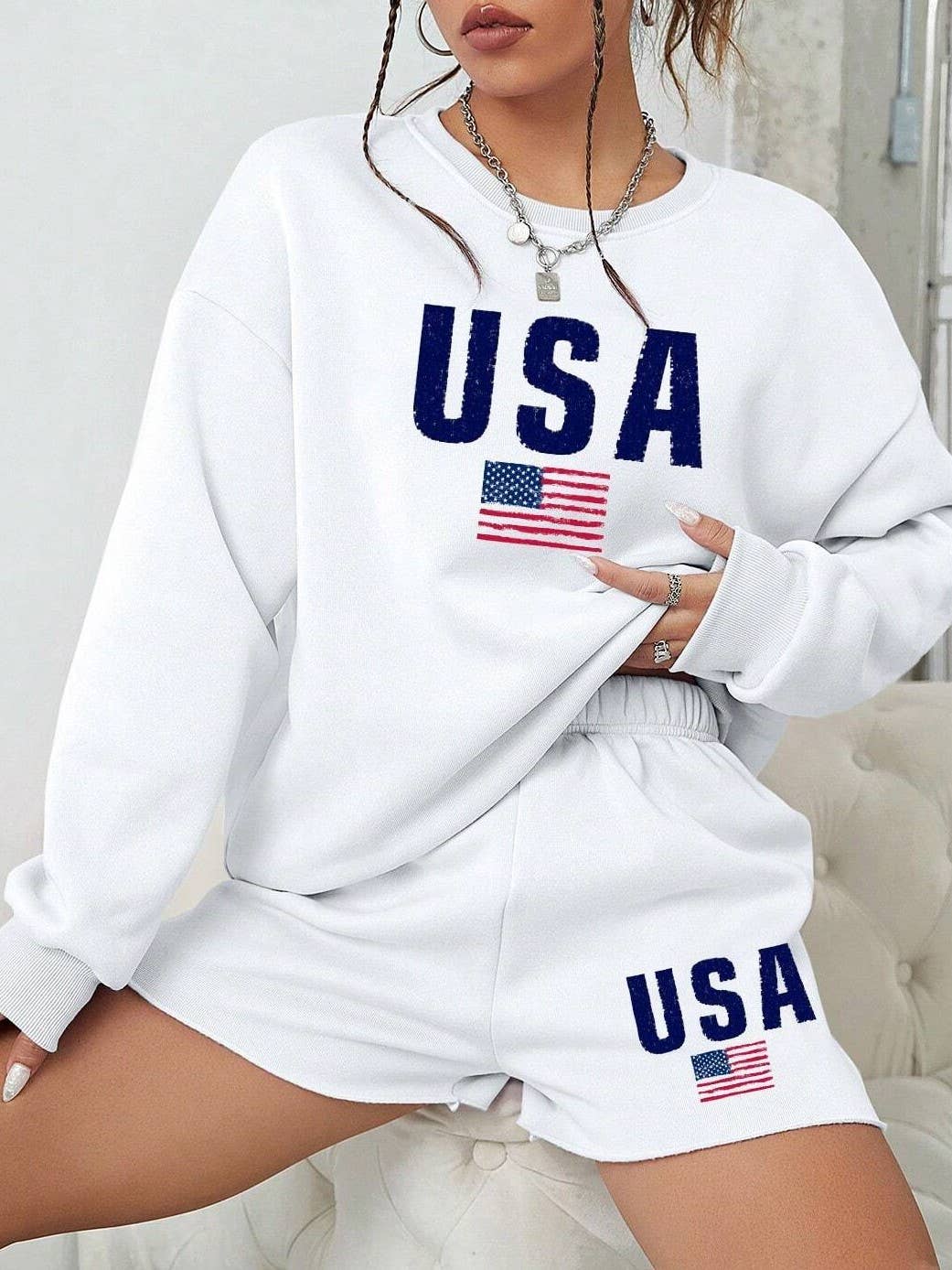 Flag Print crewneck sweatshirt & shorts set